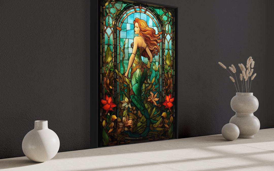 Art Nouveau Mermaid Stained Glass Style Framed Canvas Wall Art