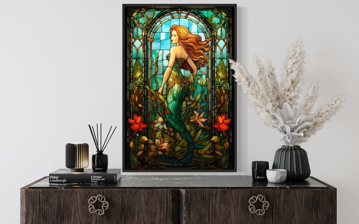 Art Nouveau Mermaid Stained Glass Style Framed Canvas Wall Art