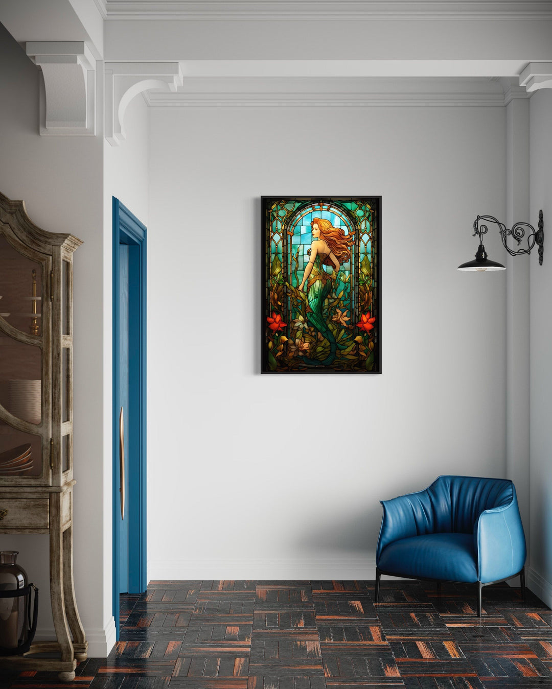 Art Nouveau Mermaid Stained Glass Style Framed Canvas Wall Art