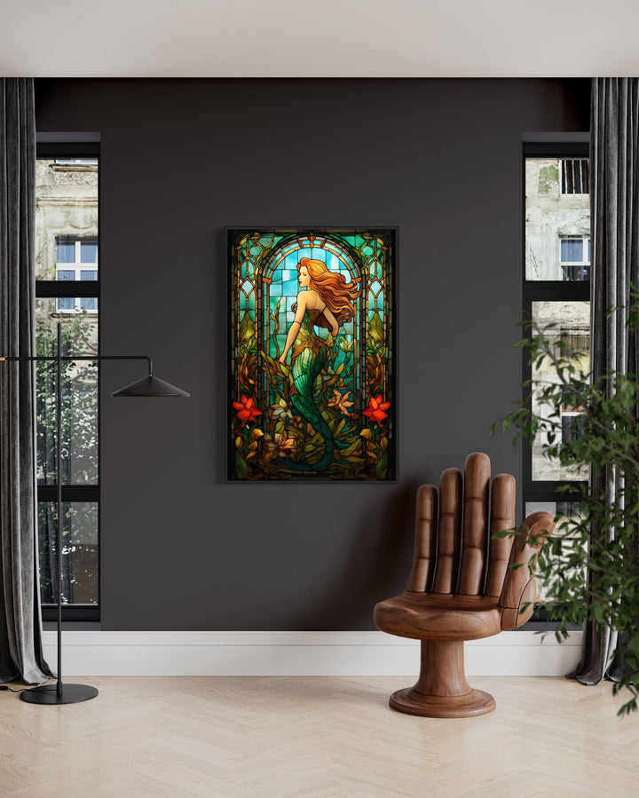 Art Nouveau Mermaid Stained Glass Style Framed Canvas Wall Art