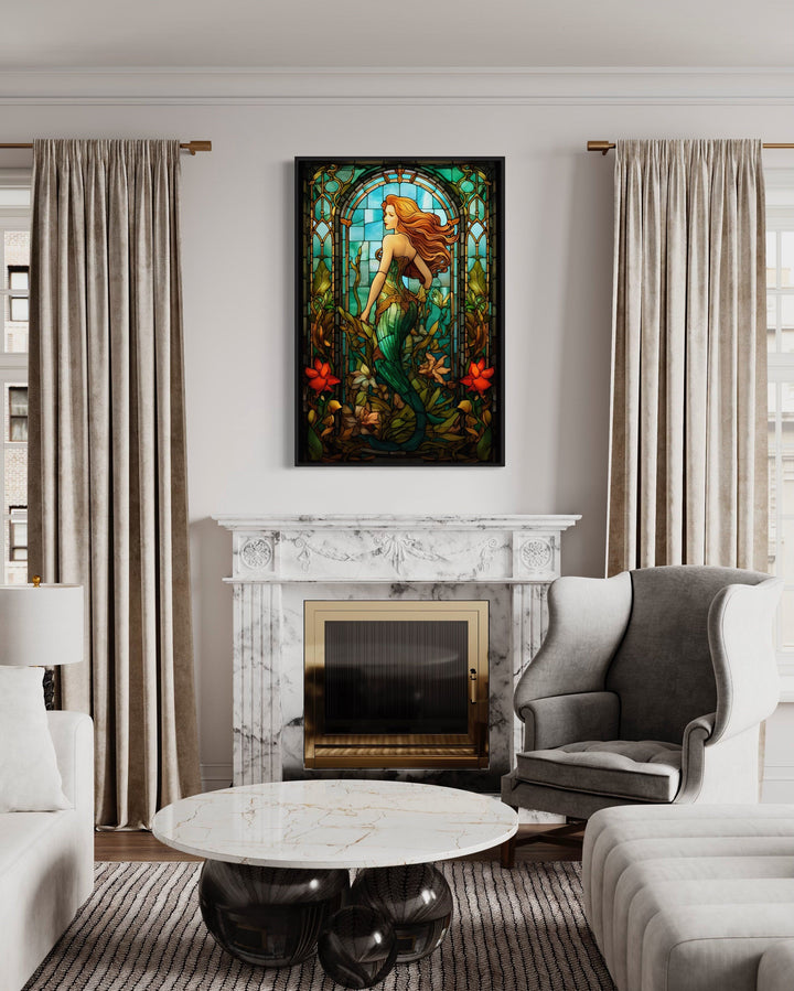 Art Nouveau Mermaid Stained Glass Style Framed Canvas Wall Art