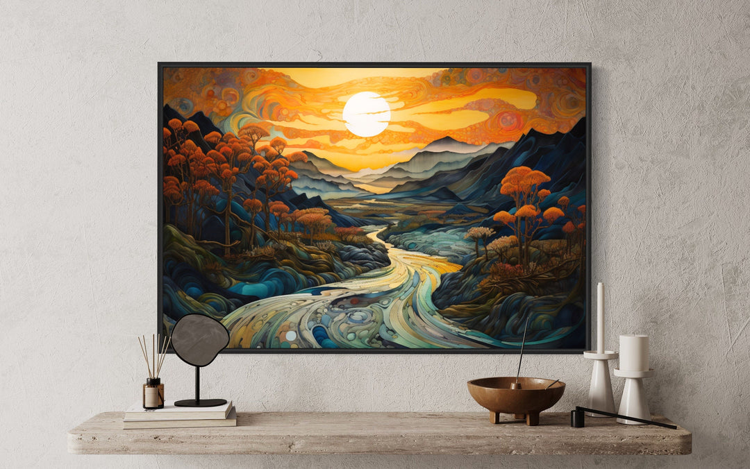 Art Nouveau Sunset Mountains Landscape Framed Canvas Wall Art