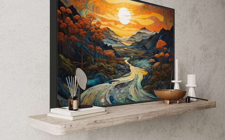 Art Nouveau Sunset Mountains Landscape Framed Canvas Wall Art