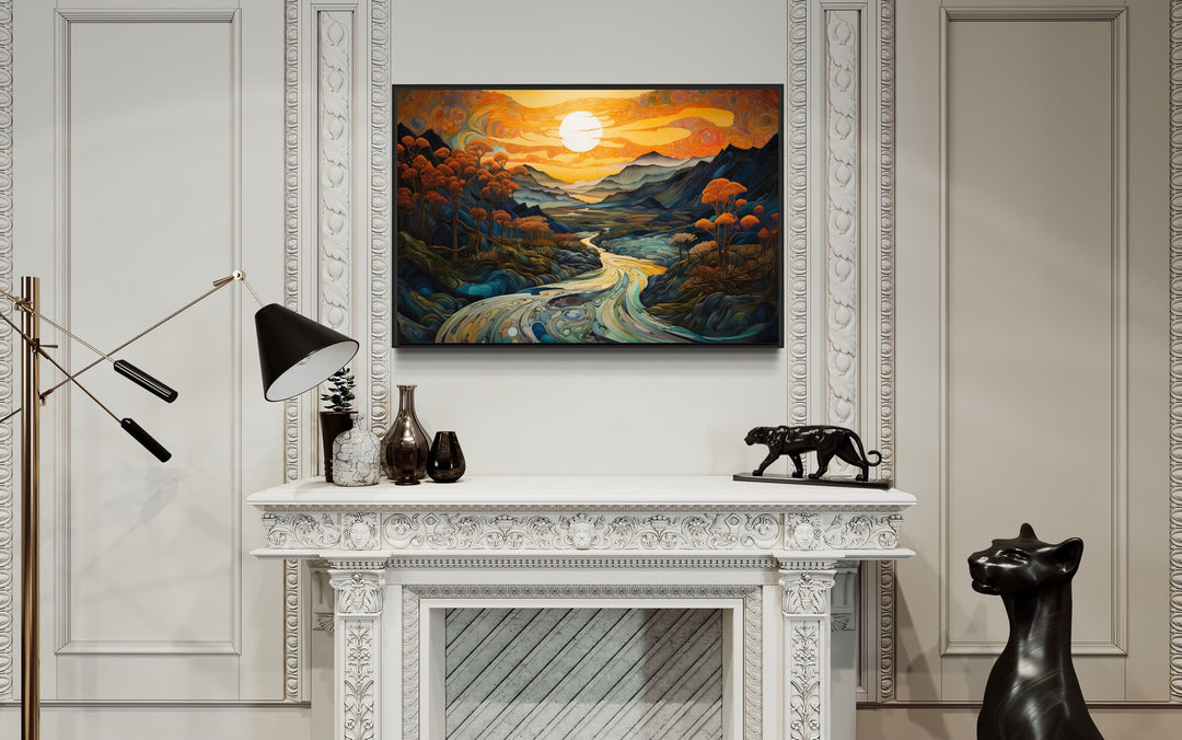 Art Nouveau Sunset Mountains Landscape Framed Canvas Wall Art