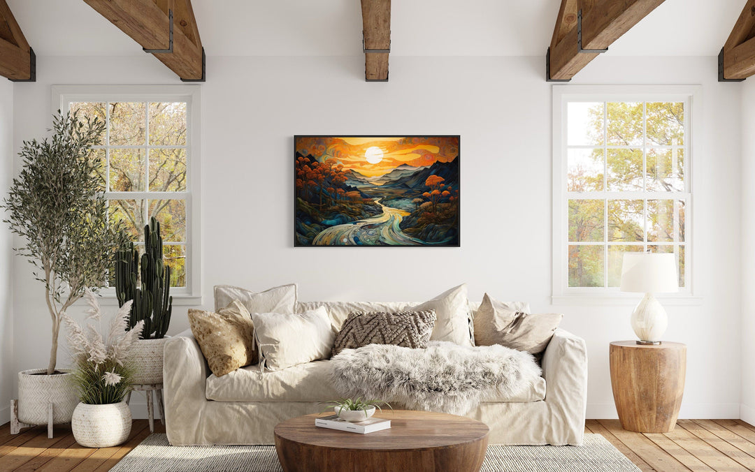 Art Nouveau Sunset Mountains Landscape Framed Canvas Wall Art