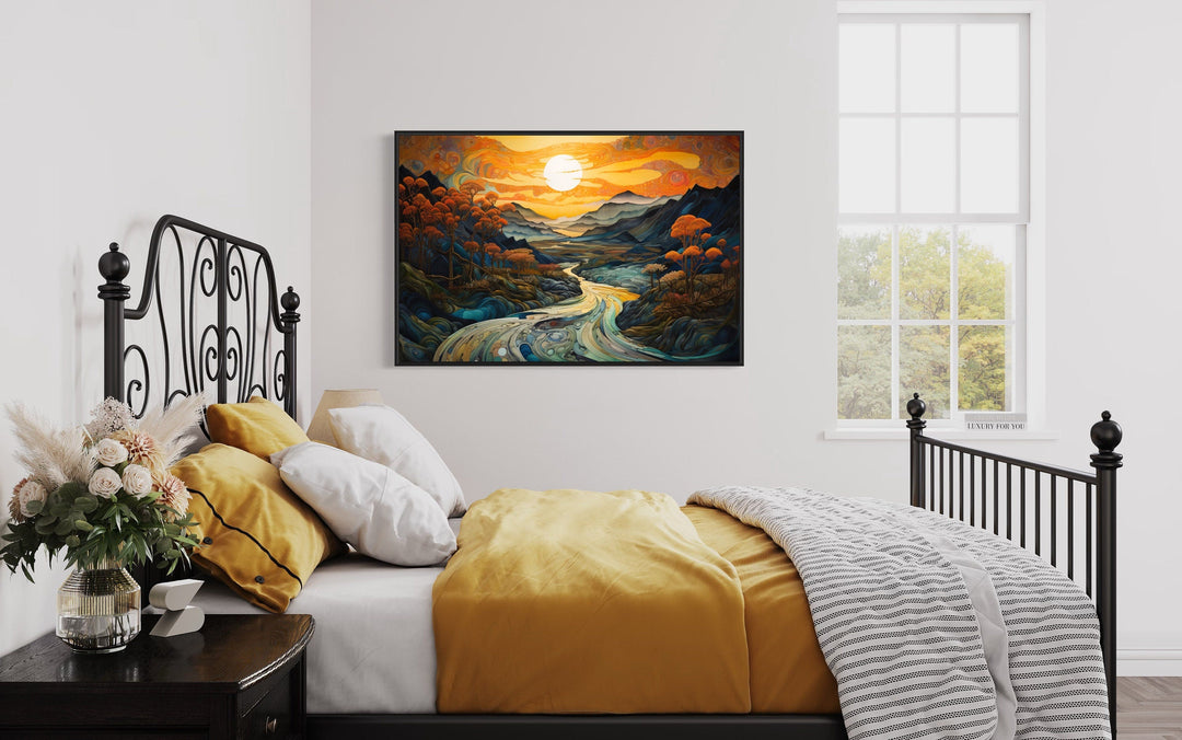 Art Nouveau Sunset Mountains Landscape Framed Canvas Wall Art