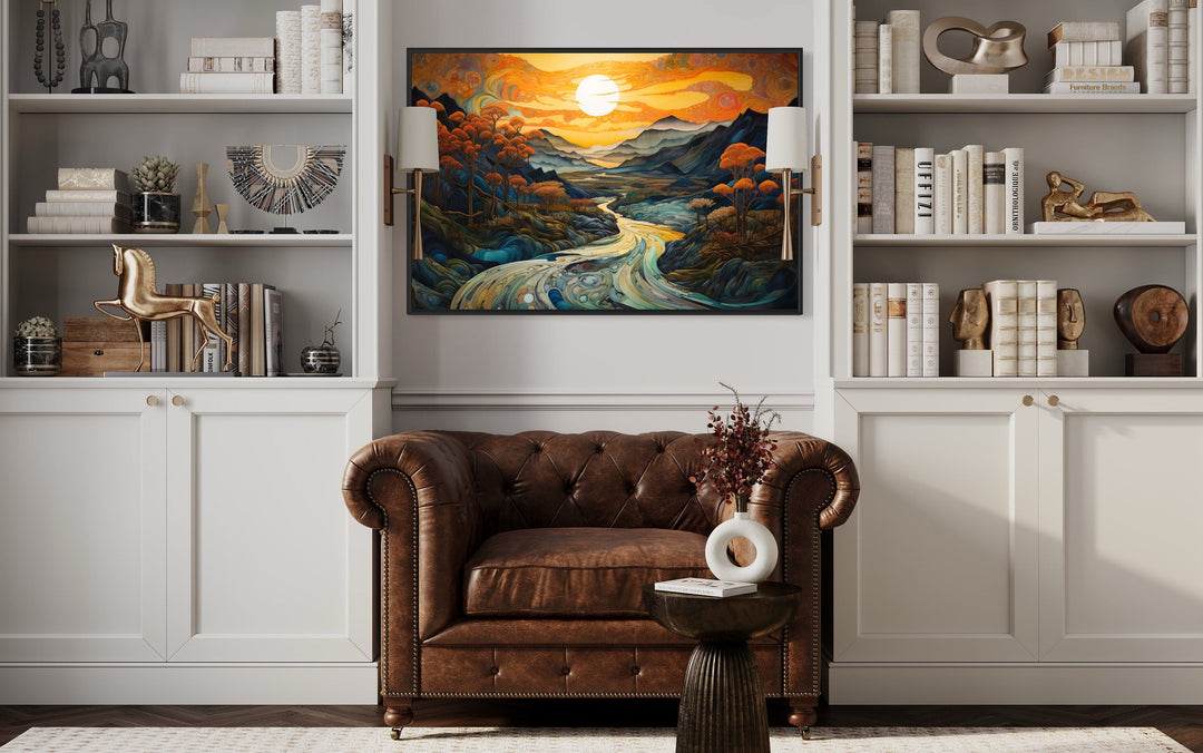 Art Nouveau Sunset Mountains Landscape Framed Canvas Wall Art