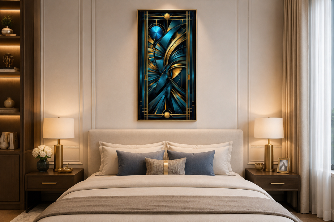 Navy blue and gold vertical art deco framed wall art hanging above a bed in a modern bedroom.