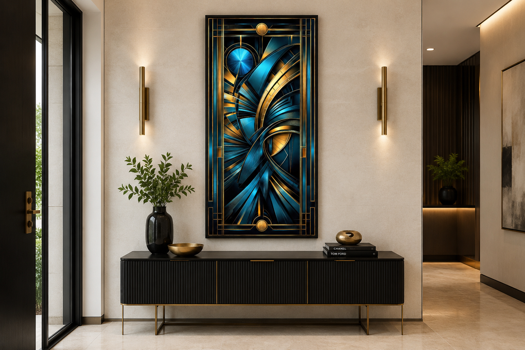 Navy blue and gold vertical art deco framed wall art with geometric patterns above a black console.