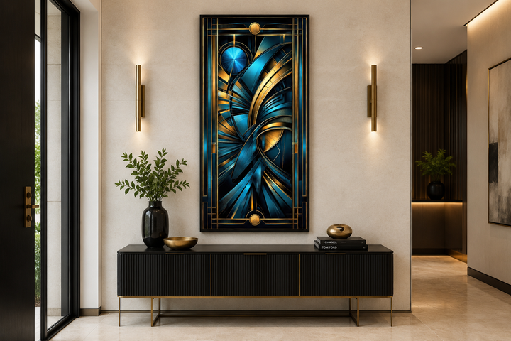 Navy blue and gold vertical art deco framed wall art with geometric patterns above a black console.