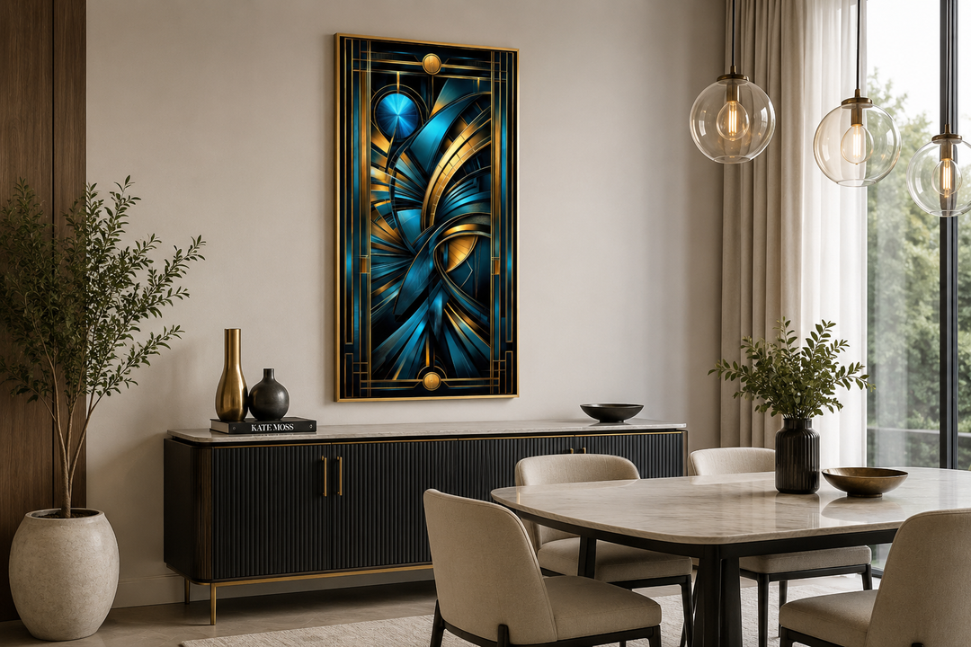 Navy blue and gold long vertical art deco framed wall art hanging above a black sideboard.