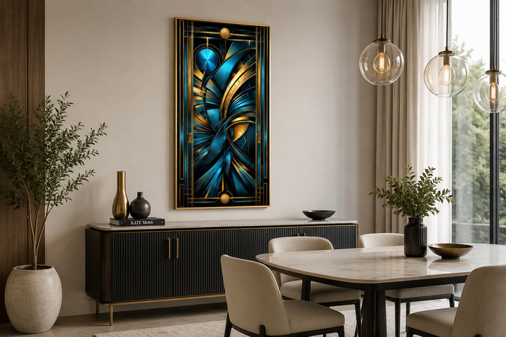 Navy blue and gold long vertical art deco framed wall art hanging above a black sideboard.
