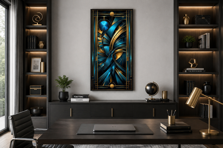 Navy blue and gold long vertical art deco framed wall art hanging in a modern office setting.