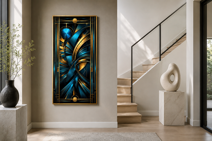Navy blue and gold vertical art deco framed wall art in a modern hallway with a staircase.