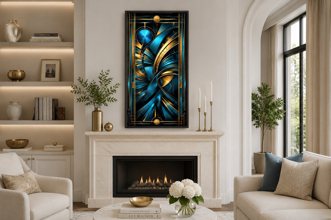 Navy blue and gold vertical Art Deco framed wall art hanging above a fireplace in a modern room.