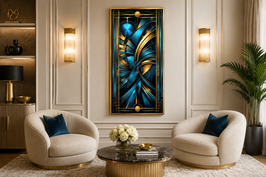 Navy blue and gold long vertical art deco framed wall art in a modern living room setting.