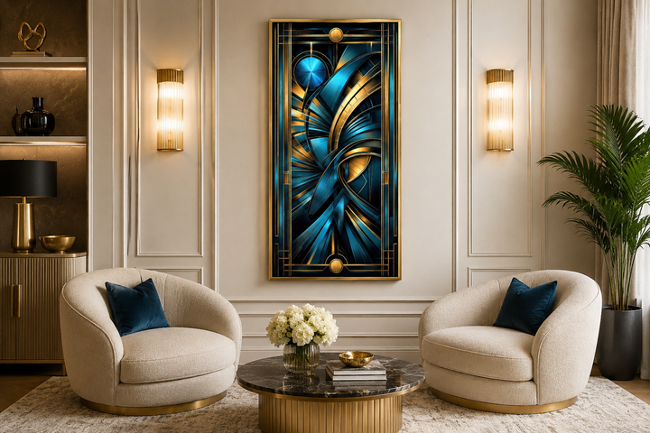 Navy blue and gold long vertical art deco framed wall art in a modern living room setting.