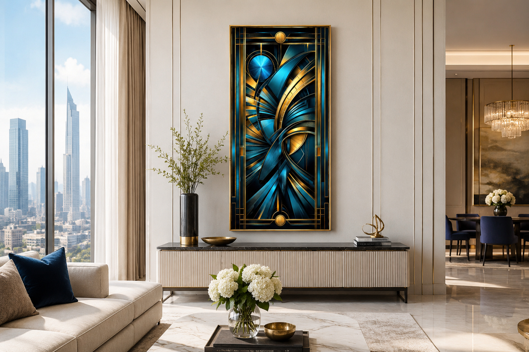Navy blue and gold long vertical art deco framed wall art in a modern living room setting.