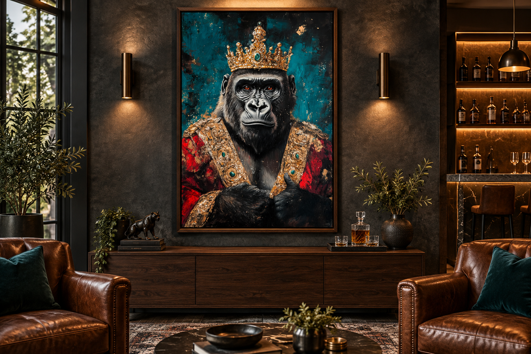 King Gorilla Victorian portrait wall art with crown and crimson robe in a dark, modern living room.