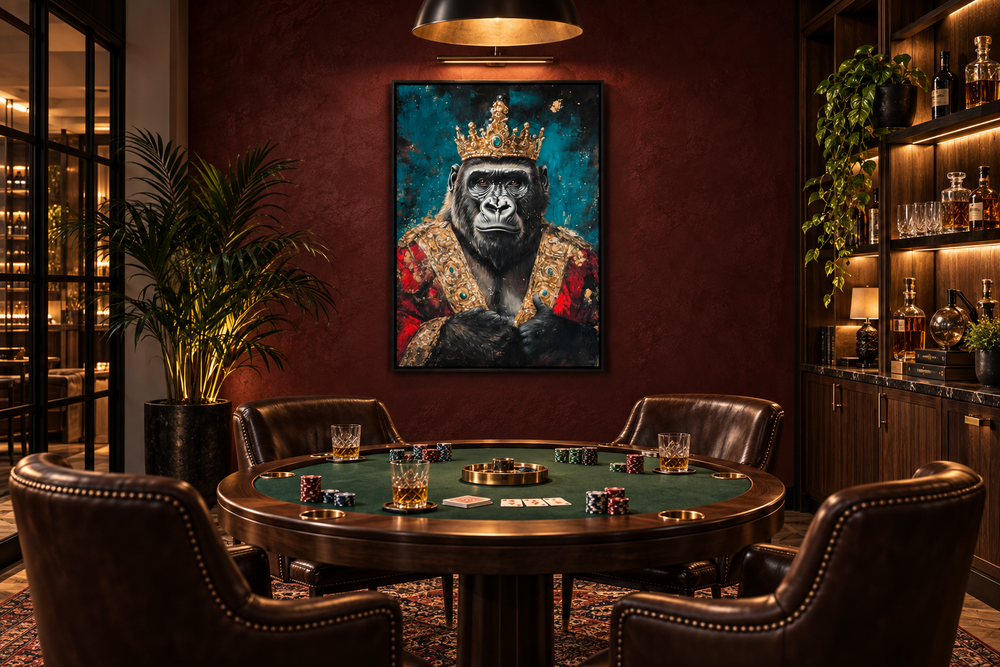 King Gorilla Victorian portrait wall art in a regal crown and robe hanging in a poker room.