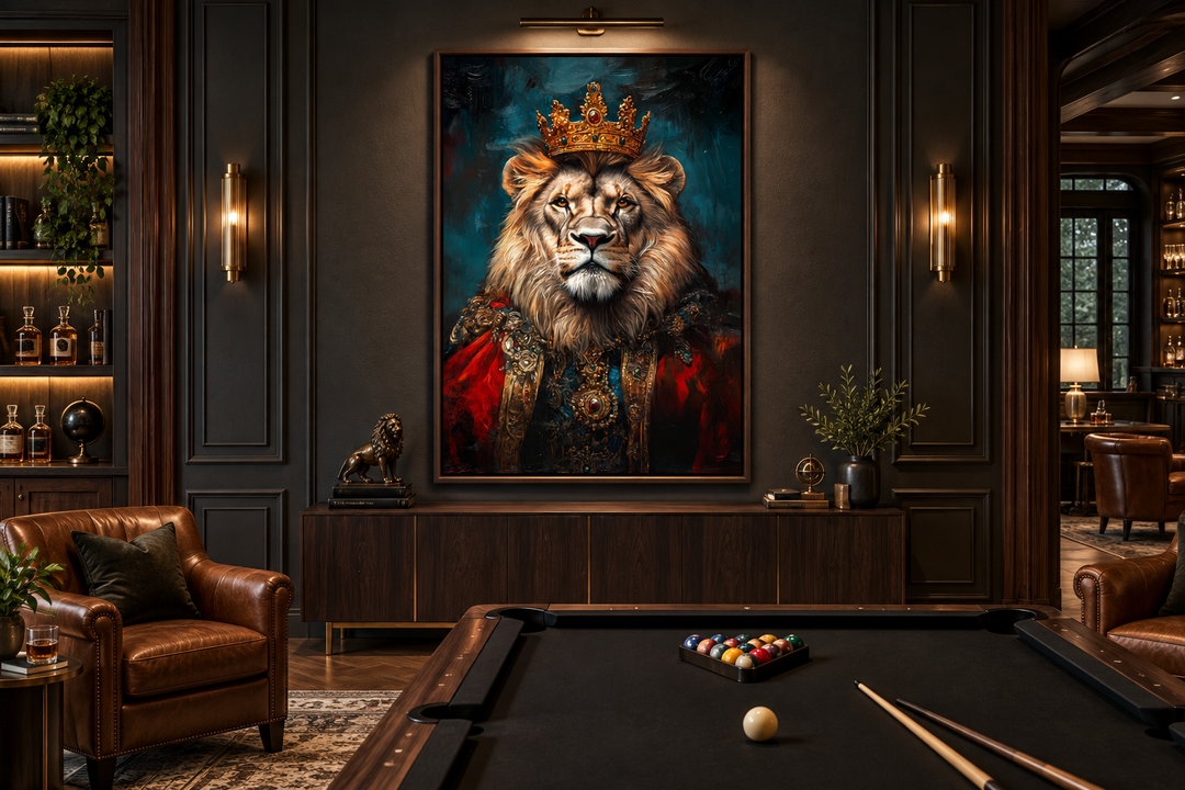 Lion King with crown and robe Victorian portrait wall art hanging in a dark, wood-paneled room.