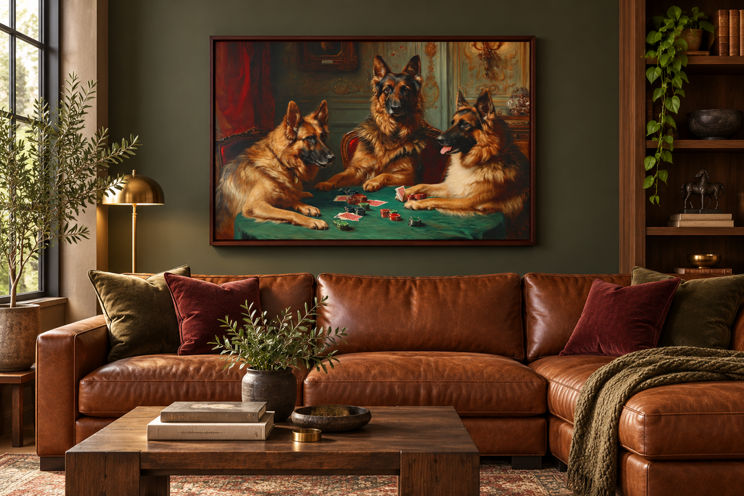 Framed canvas wall art of three German Shepherds playing poker above a brown leather sofa.