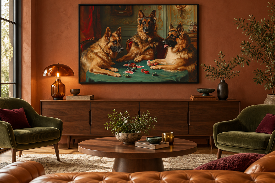 Framed canvas wall art of three German Shepherds playing poker above a wooden sideboard.