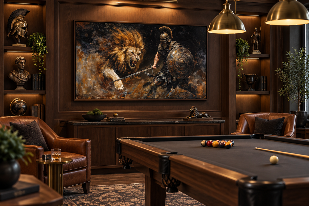 Gladiator fighting a lion canvas wall art in a masculine room with a pool table and leather chairs.