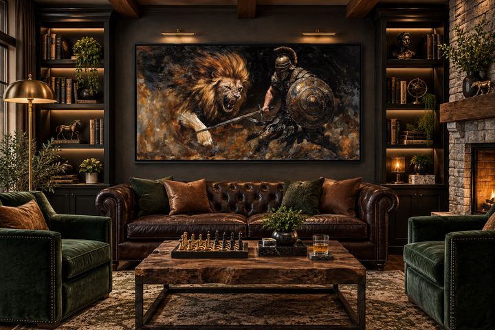Framed canvas wall art of a gladiator fighting a lion above a leather sofa in a dark study.