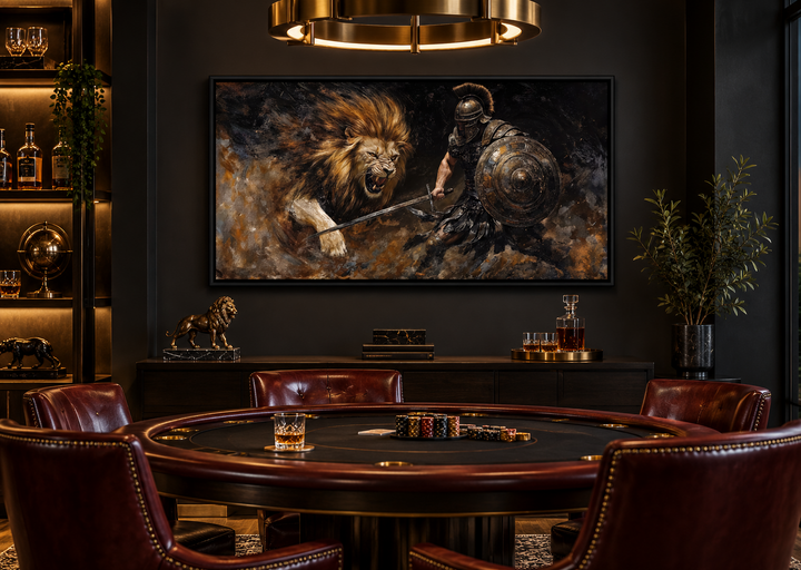 Framed canvas wall art of a gladiator fighting a lion in a dark, masculine game room setting.