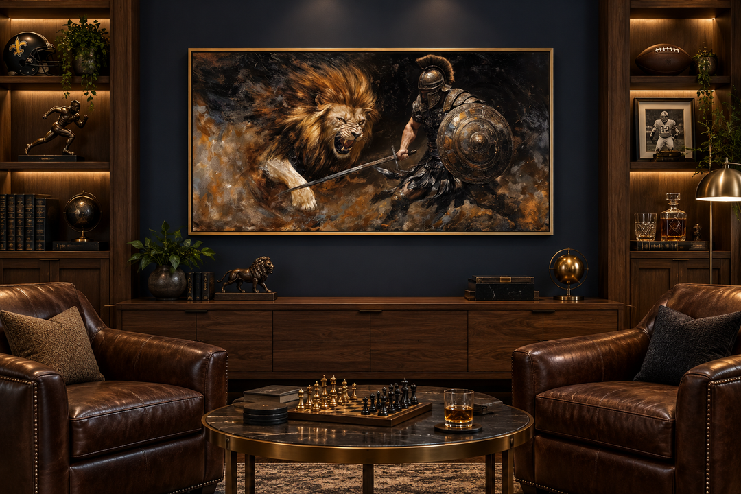 Framed canvas wall art of a gladiator fighting a lion in a dark, masculine study with leather chairs.