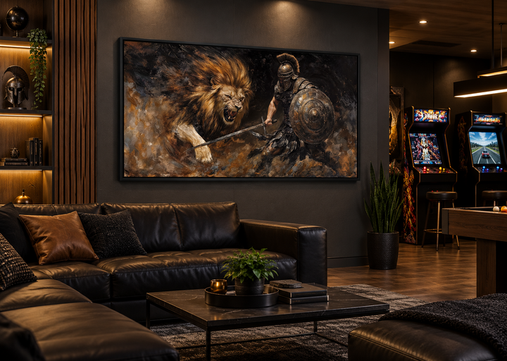 Framed canvas wall art of a gladiator fighting a lion in a modern man cave living room setting.