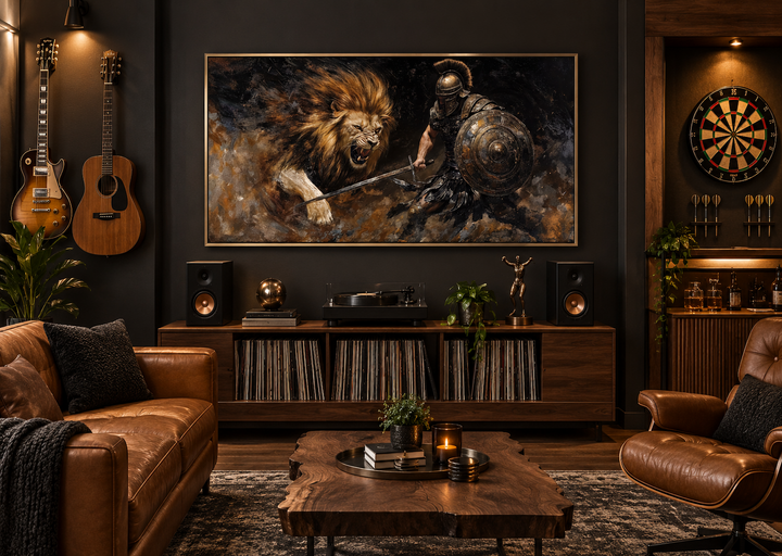 Framed canvas wall art of a gladiator fighting a lion in a dark, masculine living room setting.