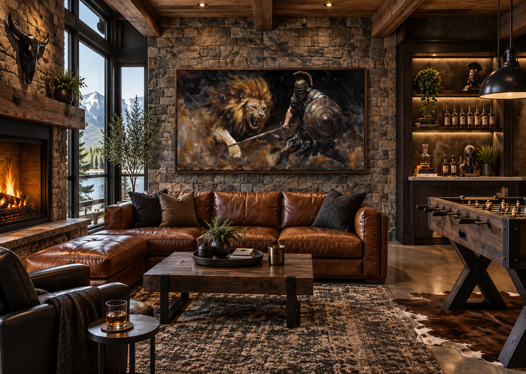 Framed gladiator fighting lion canvas wall art above a brown leather sofa in a rustic man cave.
