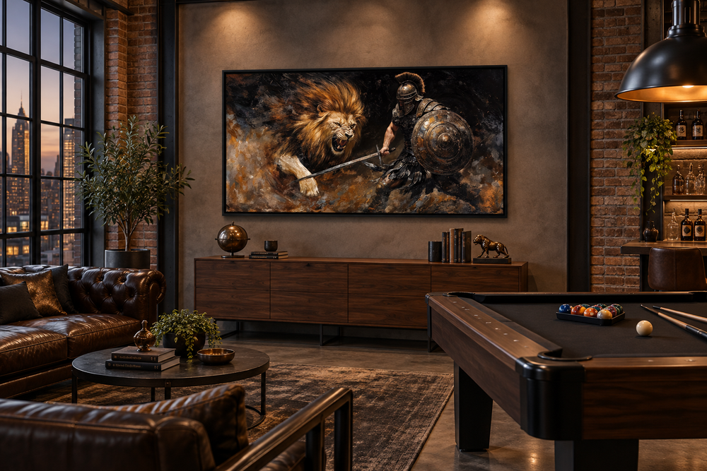 Framed gladiator fighting lion canvas wall art in a modern man cave with a pool table and sofa.