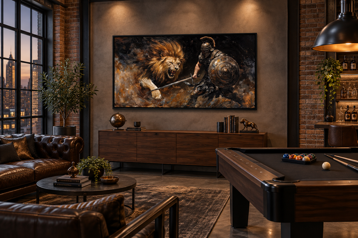 Framed gladiator fighting lion canvas wall art in a modern man cave with a pool table and sofa.
