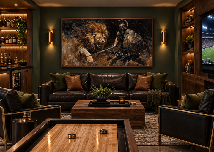 Gladiator fighting a lion canvas wall art in a dark green man cave with leather furniture.