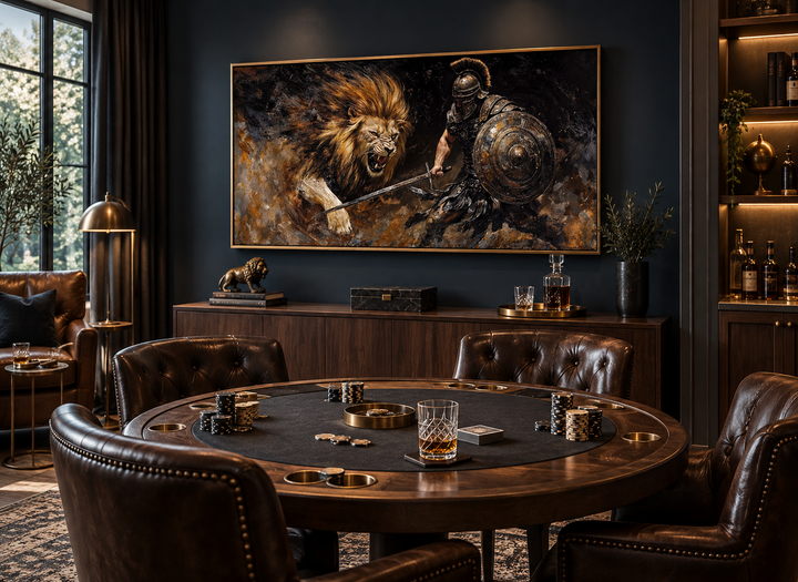 Framed canvas wall art of a gladiator fighting a lion in a dark, masculine game room.