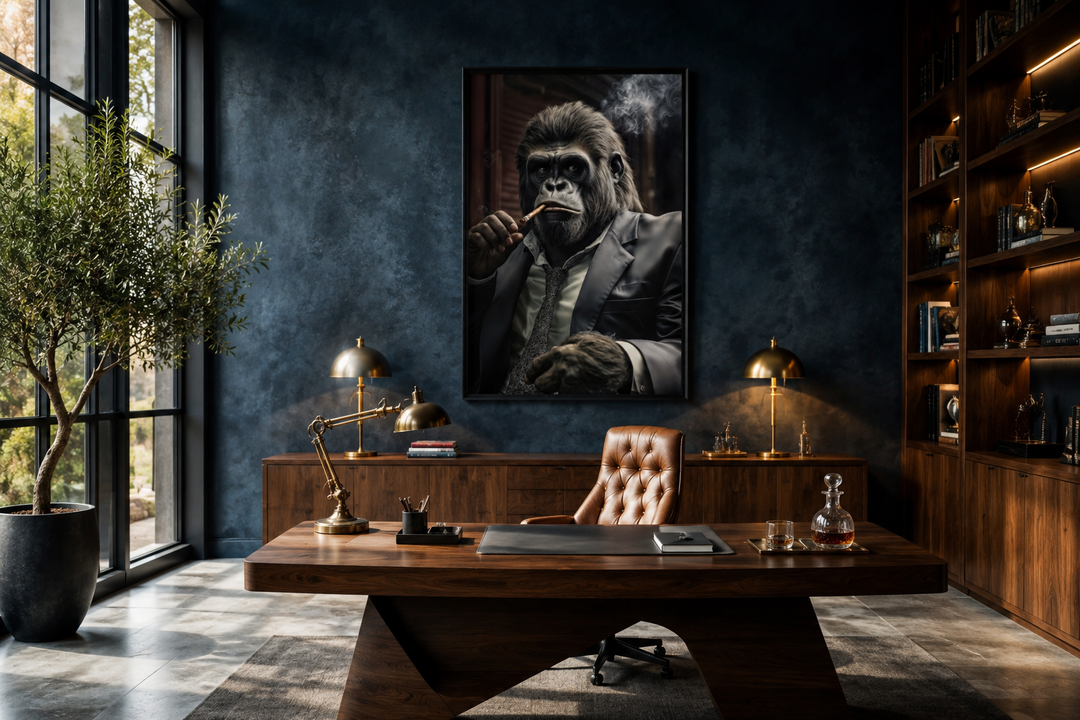 Framed canvas wall art of a gorilla in a suit smoking a cigar, hanging in a modern dark wood office.