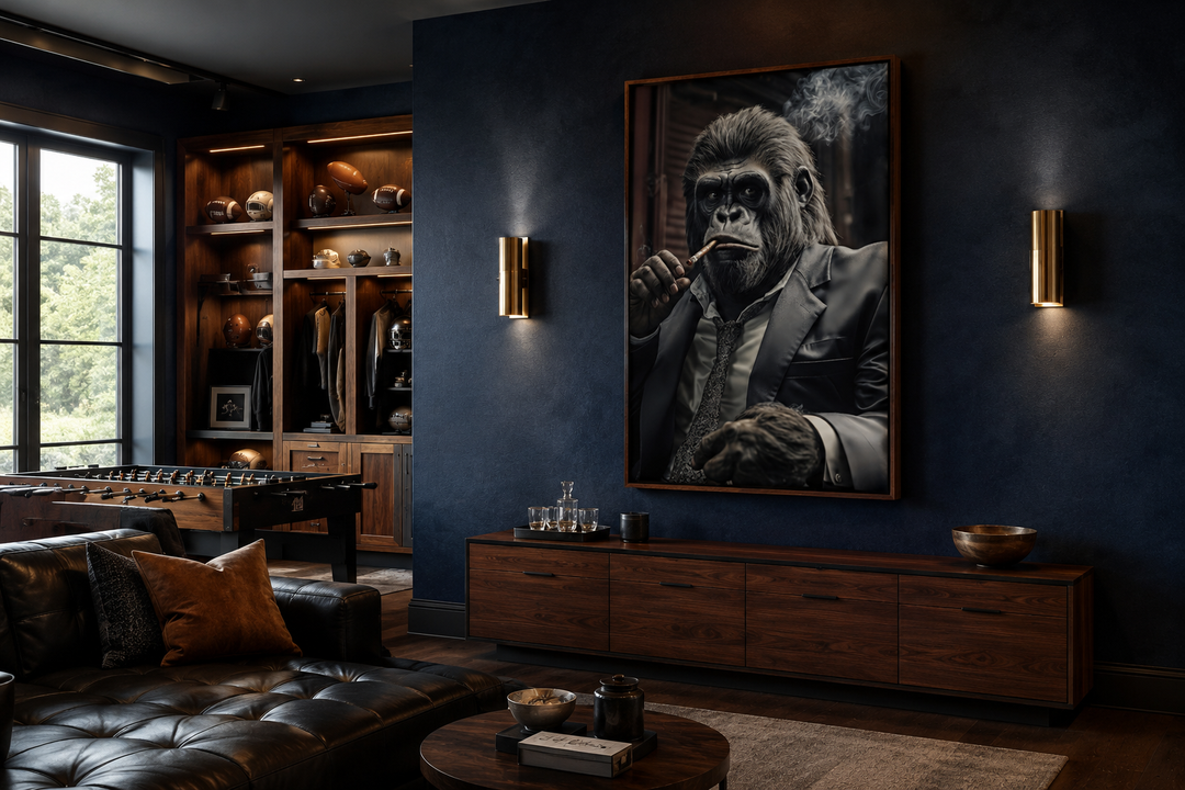 Framed canvas wall art of a gangster gorilla in a suit smoking a cigar in a dark, modern office.