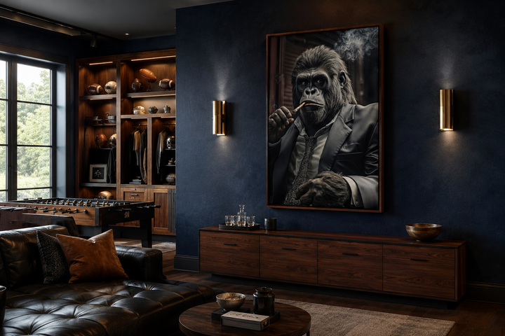 Framed canvas wall art of a gangster gorilla in a suit smoking a cigar in a dark, modern office.