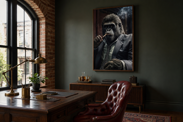 Framed canvas wall art of a gorilla in a suit smoking a cigar, hung in a dark, masculine office.