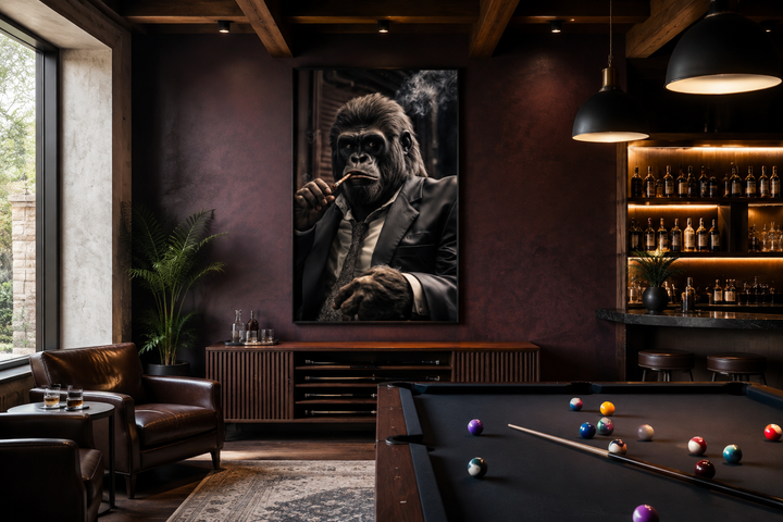 Gangster gorilla in a suit smoking a cigar framed canvas wall art in a dark, modern game room.