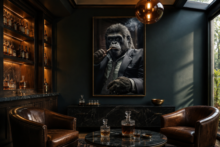 Gangster gorilla in a suit smoking a cigar framed canvas wall art in a dark lounge setting.