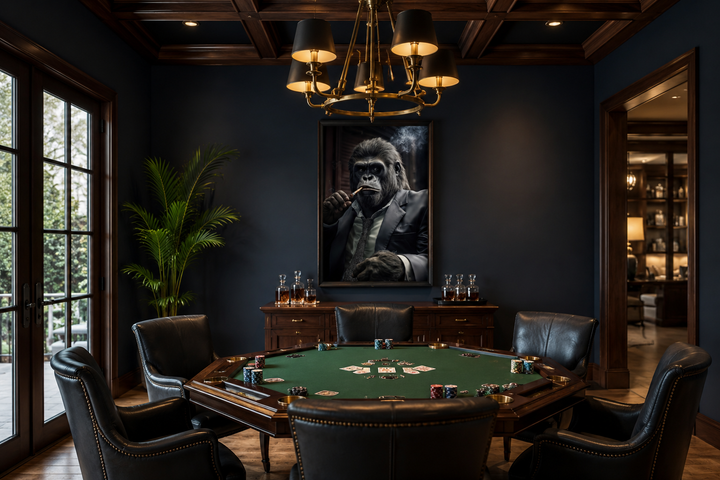 Framed canvas wall art of a gorilla in a suit smoking a cigar, hanging in a dark poker room.
