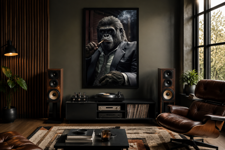 Framed canvas wall art of a gangster gorilla in a suit smoking a cigar in a masculine office.
