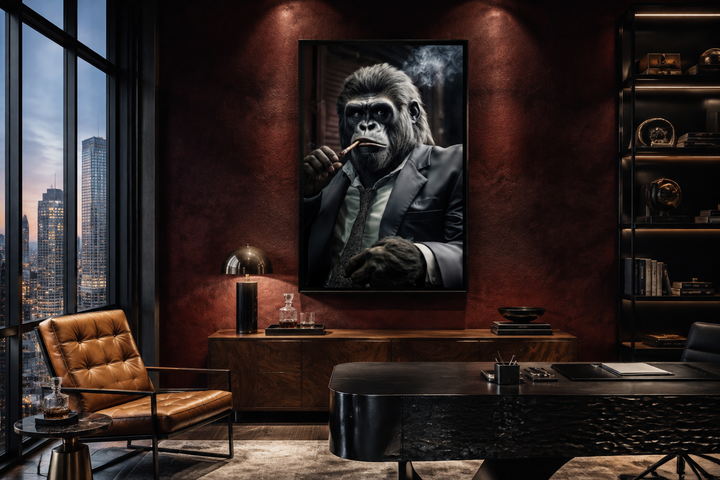 Framed canvas wall art of a gorilla in a suit smoking a cigar, hung in a dark, modern office.