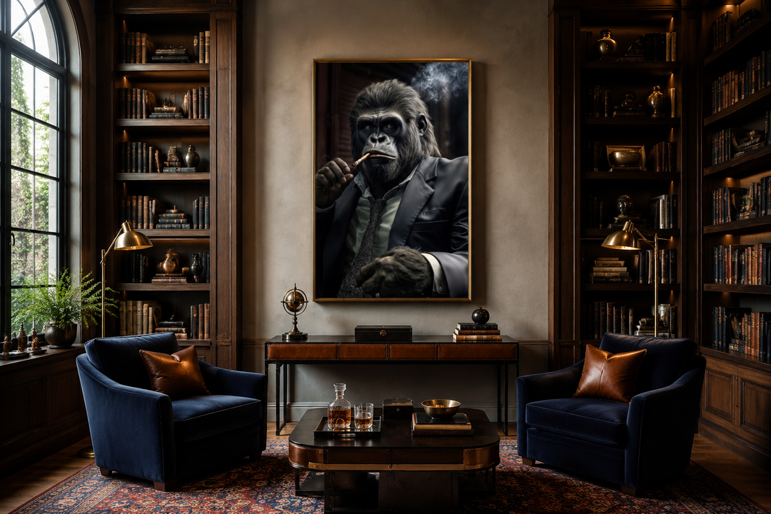 Gangster gorilla in a suit smoking a cigar framed canvas wall art in a dark wood library setting.