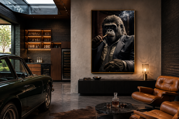 Framed canvas wall art of a gangster gorilla in a suit smoking a cigar in a modern lounge.