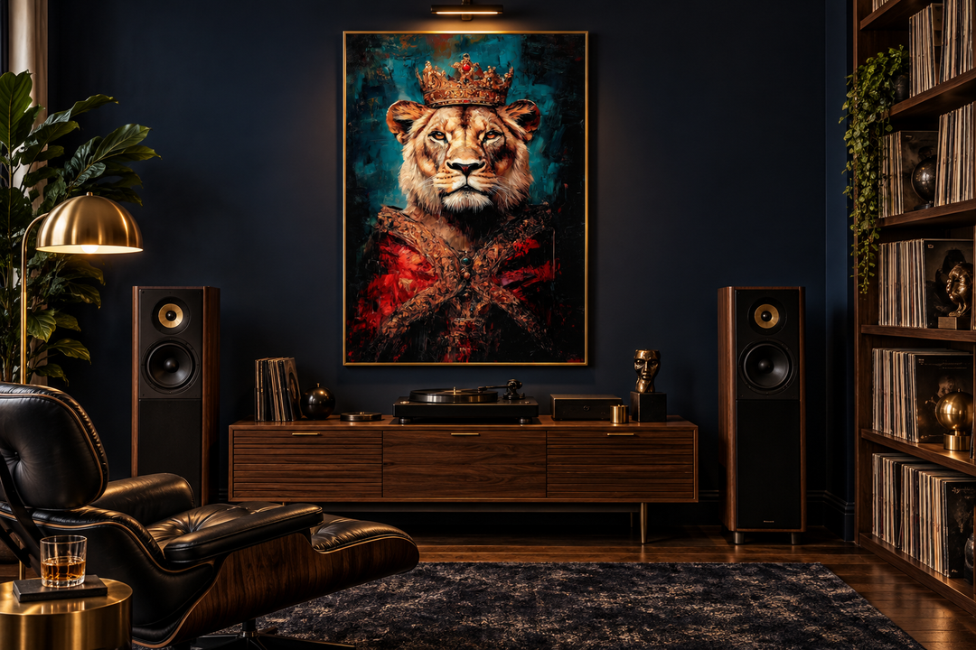 Victorian lioness queen portrait in a gold frame above a media console in a moody living room.
